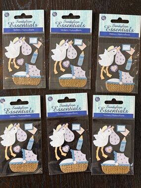 Sandylion Essentials Vintage Stickers New Baby Stork. 6 packs of 5 stickers each